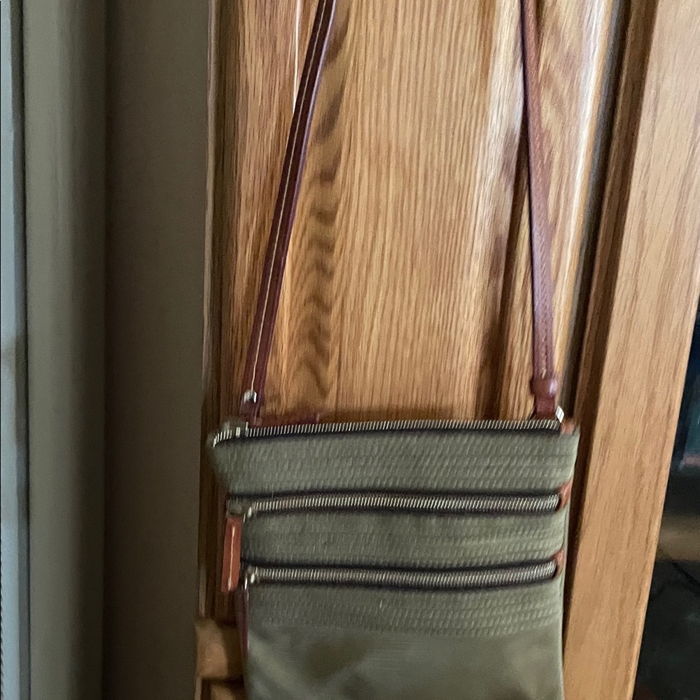 Olive Green Crossbody Belt Bag with Brown Trim